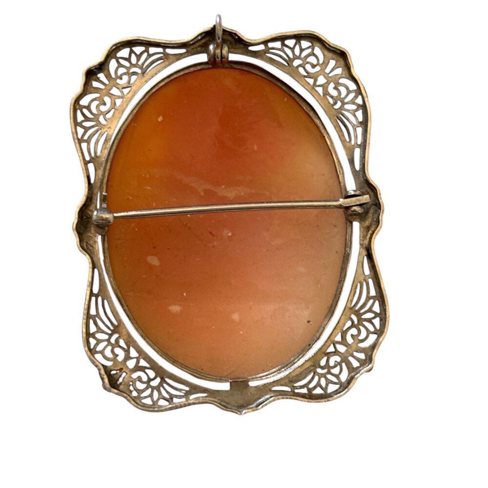 Antique Carved Cameo Shell 14K White Gold Filigree Brooch Pin Pendant 33 X 41mm - Picture 2 of 9